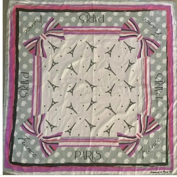 SOUVENIRS DE PARIS Accessories - Vintage Square 35 x 35 Scarf Wrap Souvenir de Paris France Eiffel Tower Pink